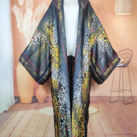 Europe New Fashion Leopard Print Oversize Loose Bikini Silk Long Cardigans Oversized African Muslim Lady Outlet Kimonos Kaftan