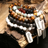 MOON GIRL 8MM Natural Stone Blessed Stretchy Bracelets for Women Fashion Diffuser Lava Stone Charms Bracelet Femme Yoga Jewelry