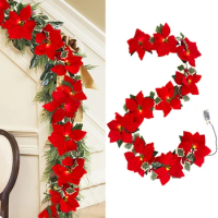 6.5ft Artificial Poinsettia Christmas Flower String with Lights Christmas Indoor Outdoor Decor Flower LED Ornament for Xmas Tree