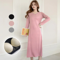 【PINK LADY】3色 罩杯式 超柔軟莫代爾長袖外穿女睡裙 居家服(長版/附胸墊/連身睡衣/免穿內衣/秋冬/襯墊)