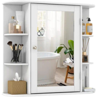 Bathroom Cabinet with Mirror, Wall Mounted Storage Cabinet w/Mirror Door &amp; 6 Open Shelves, Mirrored Bathroom Wall Cabinet