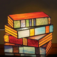 Stacked Books Lamp Resin/Glass/ABS Nightstand Desk Lamp Stacked Books Light Stained Glass Desk Reading Light Vintage Table Lamp