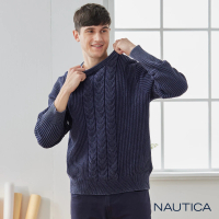 【NAUTICA】男裝 修身麻花編織長袖針織衫(深藍)
