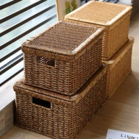 Echome Storage Box Large Bedroom Clothes Storage Box with Lid Imitation Rattan Woven with Lid Storage Basket In-Wardrobe Basket
