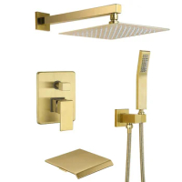 Shower System with Tub Spout Wall Mount Shower Faucet Set for Bathroom with Shower Head and Handheld Shower Head Brushed Gold