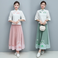 新款復古盤扣中國風女裝刺繡小上衣+水墨印花裙子兩件套女裝