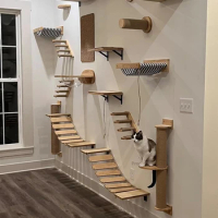 Wall Mounted Cat Shelves Scratching Post Wooden Cat Tree Perches for Wall Cat Steps Ladder Hammock Cat Climbing Wall Furniture