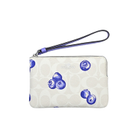 COACH米白C Logo PVC藍莓印花拉鍊萬用手拿包