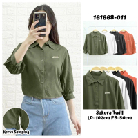 Kemeja atasan blus wanita berkerah model crop lengan 3/4 aksen kerut di pinggang bahan twill Variasi