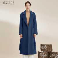 JESSICA - 百搭保暖羊毛翻領綁帶長版大衣外套2245C5（藍）