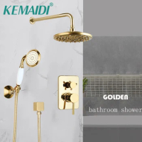KEMAIDI Luxury Golden Shower Faucets Set Round Rainfall Shower Head Hot Cold Water Mixer Tap Bathroom Gold Shower Kit