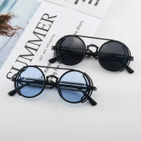 Men Women Metal Frame Black Lens Sun Glasses Retro Round Steampunk Sunglasses Unisex Outdoor Riding Running Sportd Sunglasses