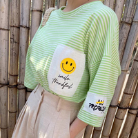 ANNAS 正韓 貼布 笑臉 條紋 T 短袖 上衣 棉T 寬鬆 可愛 微笑 韓國alkong代購