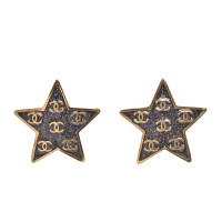 【CHANEL 香奈兒】經典雙C LOGO炫彩亮粉星星造型穿式耳環(金色ABC698-OR)