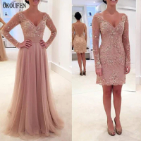 Mother Of The Bride Dresses Formal Wedding Party Gowns 2024 Long Sleeve V-Neck Removable Dusty Pink vestido de madrinha farsali