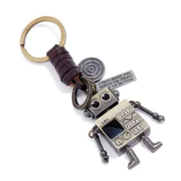 Popular Robot Movable Arms Legs Cubic Zirconia Charms Keychain Handmade Cowhide Emo Grunge Punk Jewelry Key Ring Men Students