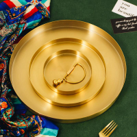 北歐INS金色圓盤桌面收納盤 金屬托盤不銹鋼圓形早餐飾品盤茶盤