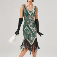 Women's Vintage Dress Sexy Sleeveless Dress 1920s Sequin Beaded V Neck Tassels Party Night Flapper Gown Dress Vestidos