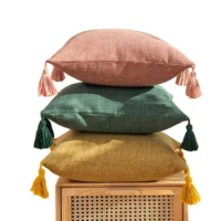 45x45cm Throw Pillow Covers Cases Shams Linen Cotton Pillowcase with Tassels Boho Farmhouse Neutral Rustic Solid Cushion Cover