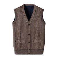 Sweater Lelaki V-Neck Cardigan Warna Solid Argyle Vest Jaket Tanpa Lengan Rajutan