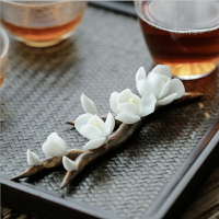 陶瓷擺件茶趣茶玩小件創意擺設可愛手捏玉蘭花枝梅花盆栽配飾茶寵
