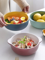 北歐簡約雙耳湯碗家用陶瓷日式個性沙拉碗大號防燙湯盆創意泡面碗