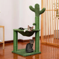 Cactus Cat Tree Cat Scratching Post with Hammock Play Tower, Full Wrapped Sisal Scratching Post for Cats 93.5cm Green Automatic