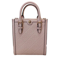 【TORY BURCH】TB T Monogram Leather 浮雕壓花LOGO迷你直立托特包(櫻花粉/贈原廠防塵袋紙袋)