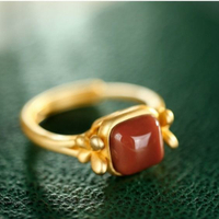【墜享】天然南紅瑪瑙方形戒指S925純銀女款開口指環精美時尚戒指