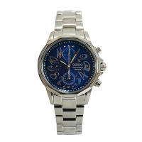 【SEIKO 精工】SEIKO經典藍面銀錶帶流線銀色數字設計三眼計時腕錶(藍x銀)
