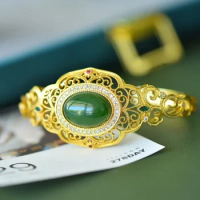 Creative Natural Hotan Jade Green Bangles Fashion Charm Bracelet for Women Pastoral Style New in Jewelry Adjustable Opening