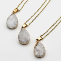 Natural White Sparkling Cluster Water Drop Pendant Gold Edged Necklace Mineral Cure Fashion Reiki Charms Diy Jewelry Accessories