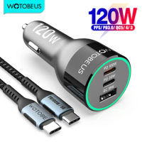 WOTOBEUS 120W 3-port USB C Car Charger, Fast Chargeing PPS PD 65W/45W/30W QC5 For Xiaomi MacBook HP Laptop iPhone12 Samsung S21