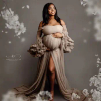 Gery Maternity Dresses for Babyshower A Line Off Shoulder Long Sleeves Vestidos For Pregnant Woman Ruched Front Slit Robe