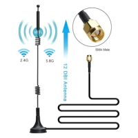 12dbi WIFI Antenna 2.4G/5.8G Dual Band pole antenna SMA Male/RP SMA Male with Magnetic base for Router Camera Signal Booster