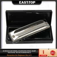 EASTTOP T002 10 Holes 20 Tones Blues Harmonica Key of C Stainless Steel Harp Diatonic Harmonica for Adults Kids Players