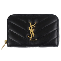 YSL CASSANDRE 黑色V型縫線羊皮金字拉鍊卡片零錢包