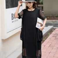 XITAO Gauze Patchwork O-neck Short Sleeve Dresses Solid Color Pullover Loose Mid-calf Fashion Dress Summer Casual XITAO GJ1053