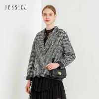 【快速到貨】【JESSICA】帥氣黑白千鳥格紋雙排扣拼接外套
