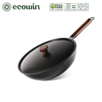 Ecowin 30/32cm Cast Iron Wok Uncoated Non Stick Wok with Lid PFOA FREE Cookware Suitable for Gas and
