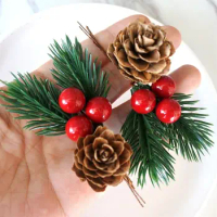 10Pcs Artificial Christmas Pine Cone Floral Decor Red Berry DIY Home Xmas Gift Box Decor Pine Cone Christmas DIY Home Ornament
