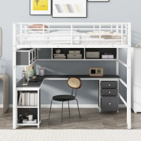 Metal Loft Bed with bookcase, desk and cabinet, Full, family practical children's bed, bedroom single bed, teenage bed