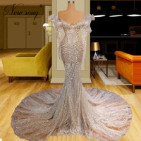 Customize Mermaid Dubai Design Long Sleeves Evening Dresses Beading Wedding Party Gowns Luxury Arabic Crystals Evening Gowns