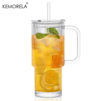 760ML Ribbed Glass Tumbler with Handle Lid 1/2PCS Large Iced Coffee Cups with Straws Modern Glass Mu