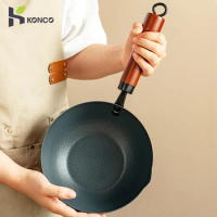 20cm Iron Wok Lightweight Wok with Wooden Handle Cookware Nonstick Frying Pan Flat Bottom Woks with Lid for Induction Gas Stove