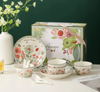 HOUSEWAREBRAND - Hampers Souvenir Mangkok Piring Set Sendok Keramik Motif Bunga Tulip Pink Hijau Can