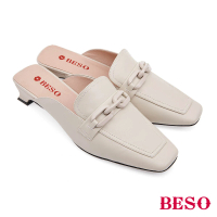 【A.S.O 阿瘦集團】BESO 柔軟羊皮烤漆飾釦低跟樂福穆勒鞋(米色)