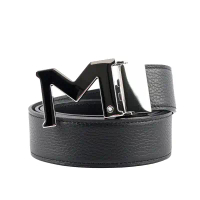 【MONTBLANC】銀色M Logo 搭扣3.5cm牛皮雙面可用皮帶(黑色)