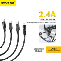 Awei CL-129 Multi USB 4 in 1 Data Cable 2.4A Fast Charging Wire For iPhone 11 13 Huawei Micro/Type C/ Lightning Cellphone Cables
