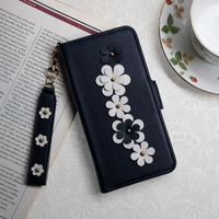 Aguchi iPhone 13/13 Pro/13 Pro Max 花語鉚釘立體花朵手機皮套 附皮質璀璨吊飾 - 湛藍